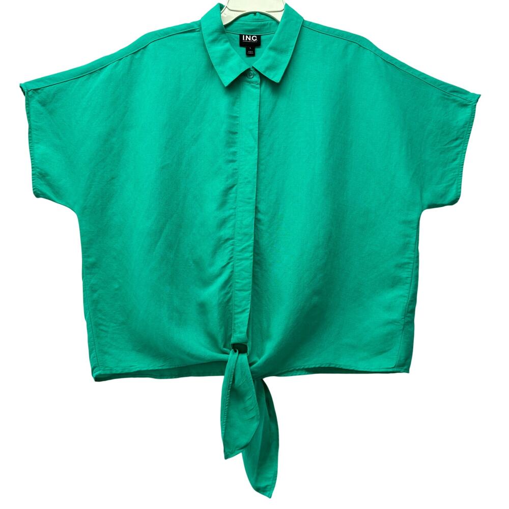 I.N.C. Linen Blend Cropped Tie-Front Shirt Women's Size L Kelly Green